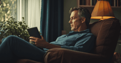 Midcent: En man sitter avslappnat i en fåtölj och läser från en surfplatta. Ljuset från fönstret skapar en harmonisk atmosfär och en lampa lyser upp rummet. Teknik.