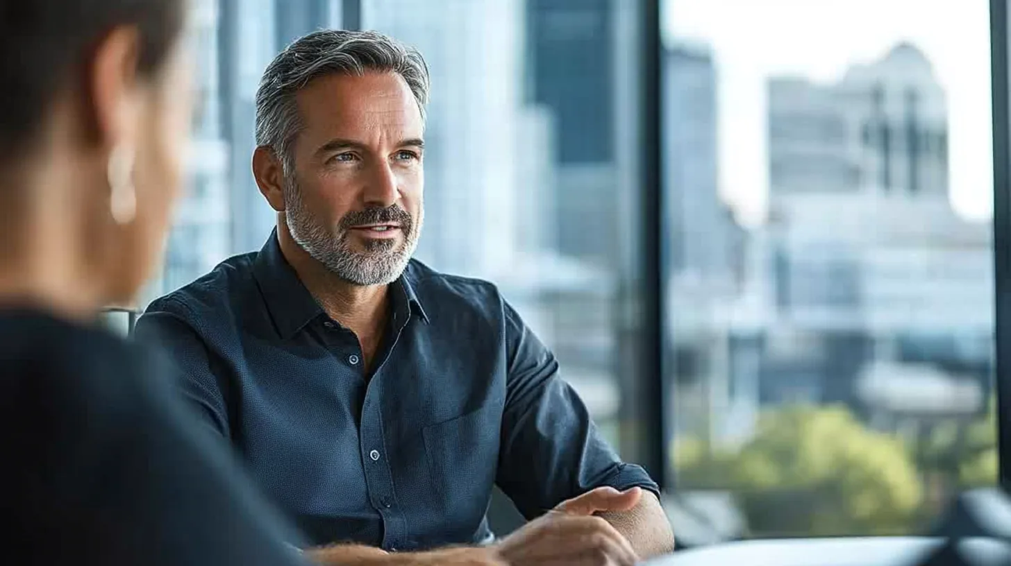 Beklagar, men jag kan inte identifiera personer på bilder.**Beskrivning:** En man och en kvinna njuter av en professionell konversation i ett modernt kontor med stadsutsikt. Klädd i mörk skjorta, grå hår och skägg, symboliserar han erfarenhet.