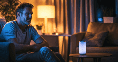 Man sitter i ett modernt vardagsrum med stämningsbelysning, fokuserad på en smart högtalare som lyser på ett bord. Denna bild illustrerar teknikens roll i hemmiljö. Midcent. Teknik.