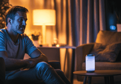 Man sitter i ett modernt vardagsrum med stämningsbelysning, fokuserad på en smart högtalare som lyser på ett bord. Denna bild illustrerar teknikens roll i hemmiljö. Midcent. Teknik.