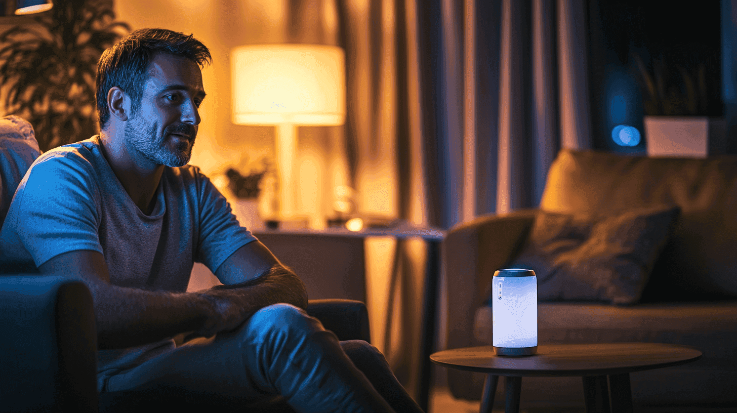 Man sitter i ett modernt vardagsrum med stämningsbelysning, fokuserad på en smart högtalare som lyser på ett bord. Denna bild illustrerar teknikens roll i hemmiljö. Midcent. Teknik.