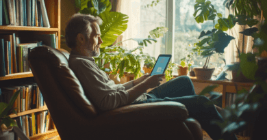 I bilden avkopplar en man i en fåtölj med en surfplatta omgiven av grönska och böcker. Miljön är lugnande och inspirerande med naturligt ljus och frodiga växter.Midcent, Underhållning.