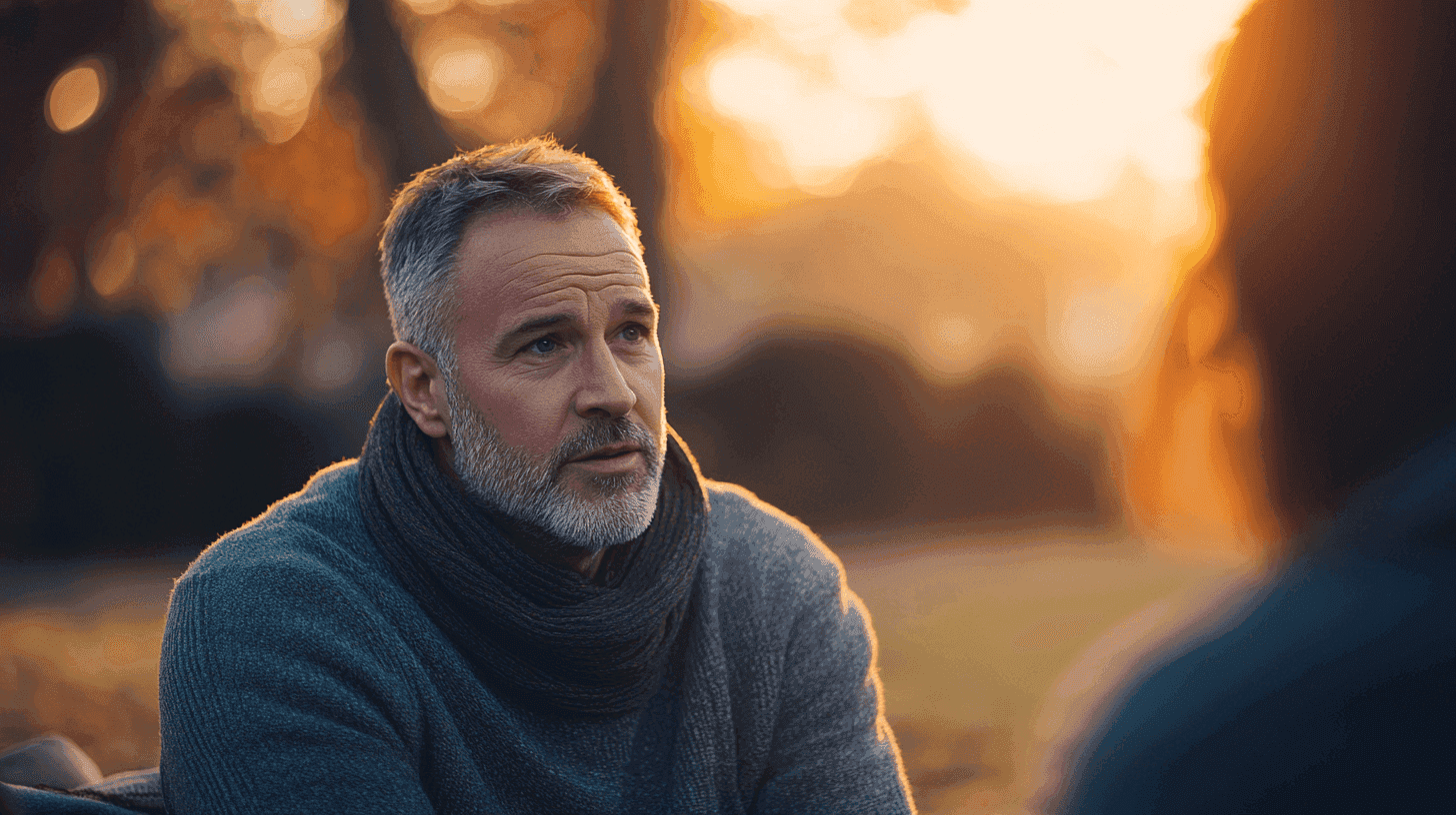Bild av en eftertänksam man i en park vid solnedgången, iklädd en varm halsduk. Det varma ljuset och naturens färger skapar en harmonisk atmosfär. Nyckelord: eftertänksamhet, natur, sval atmosfär. Midcent - Samhälle.