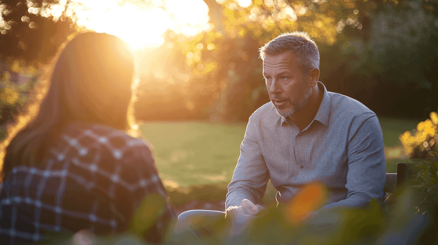 Midcent: Två personer i ett meningsfullt samtal utomhus i solnedgången, omgivna av grönska. Fokus på kommunikation och relationer i en lugn miljö. Perfekt för artiklar om livsstil och personliga kontakter. Kategori: Samhälle.