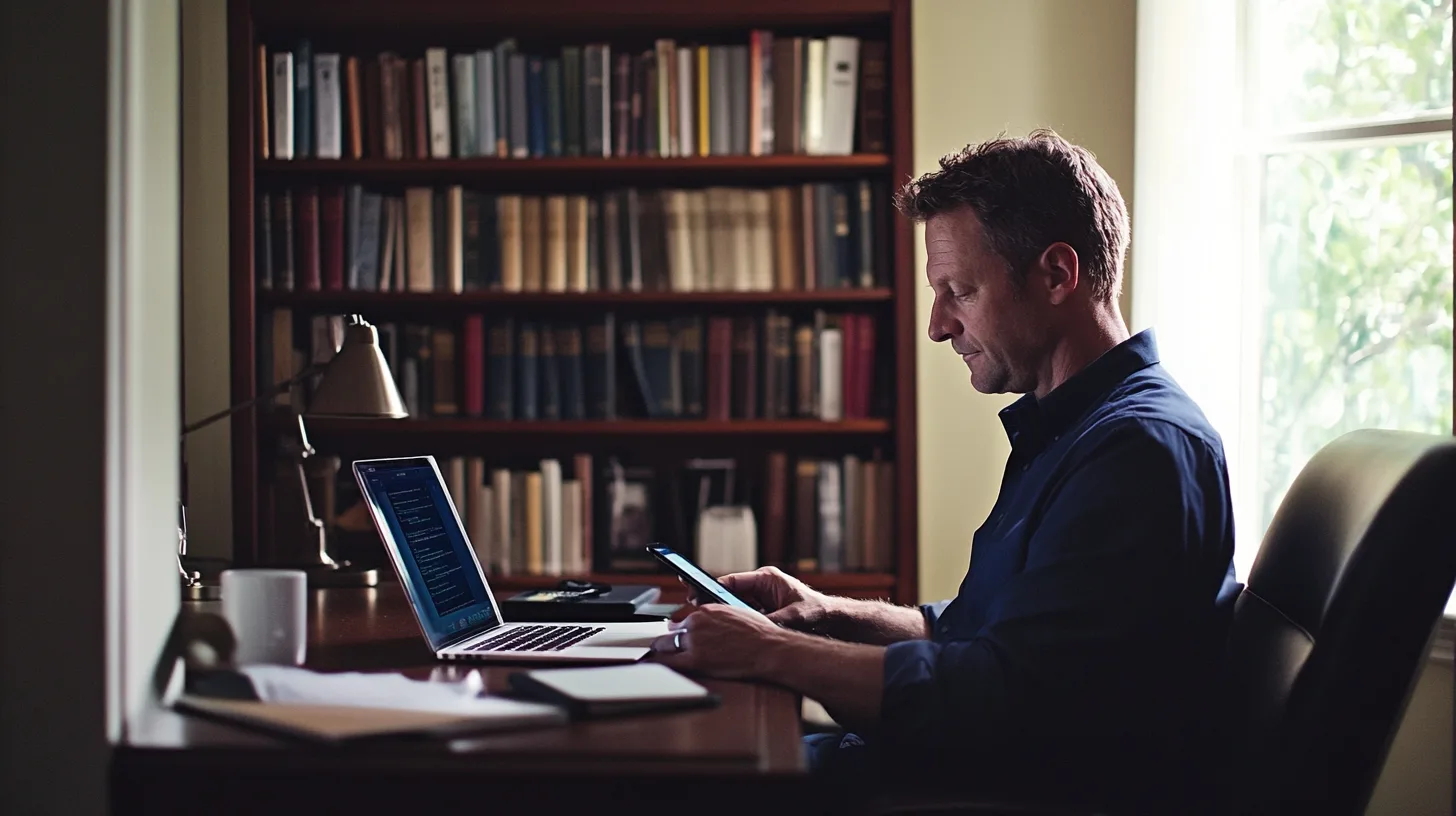 Midcent: En man fokuserar på sin mobiltelefon och laptop i ett hemtrevligt kontor omgivet av böcker. Bilden förmedlar lugn och produktivitet. Perfekt för arbete eller studier. Kategori: Teknik.