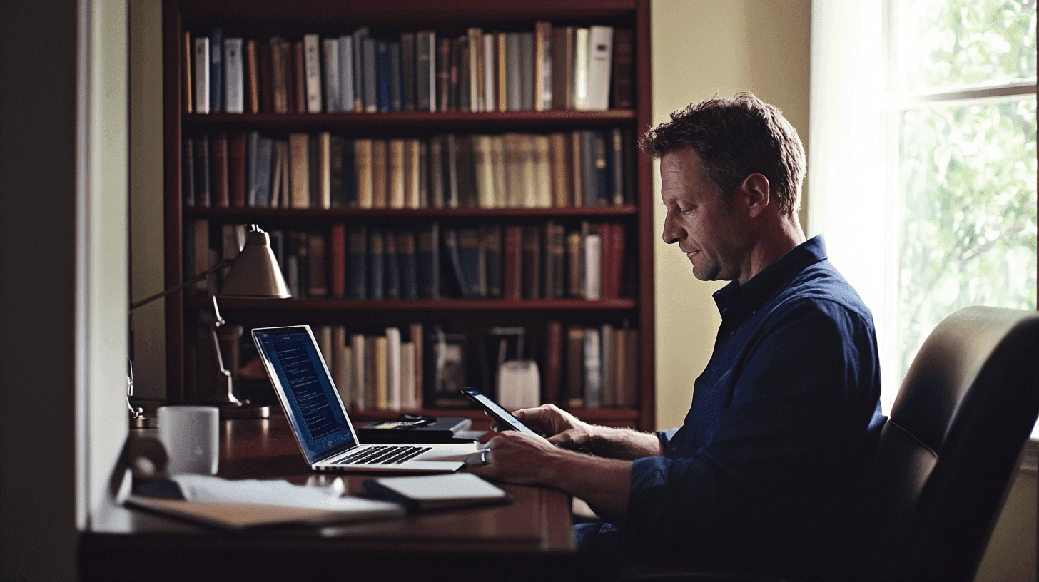 Midcent: En man fokuserar på sin mobiltelefon och laptop i ett hemtrevligt kontor omgivet av böcker. Bilden förmedlar lugn och produktivitet. Perfekt för arbete eller studier. Kategori: Teknik.