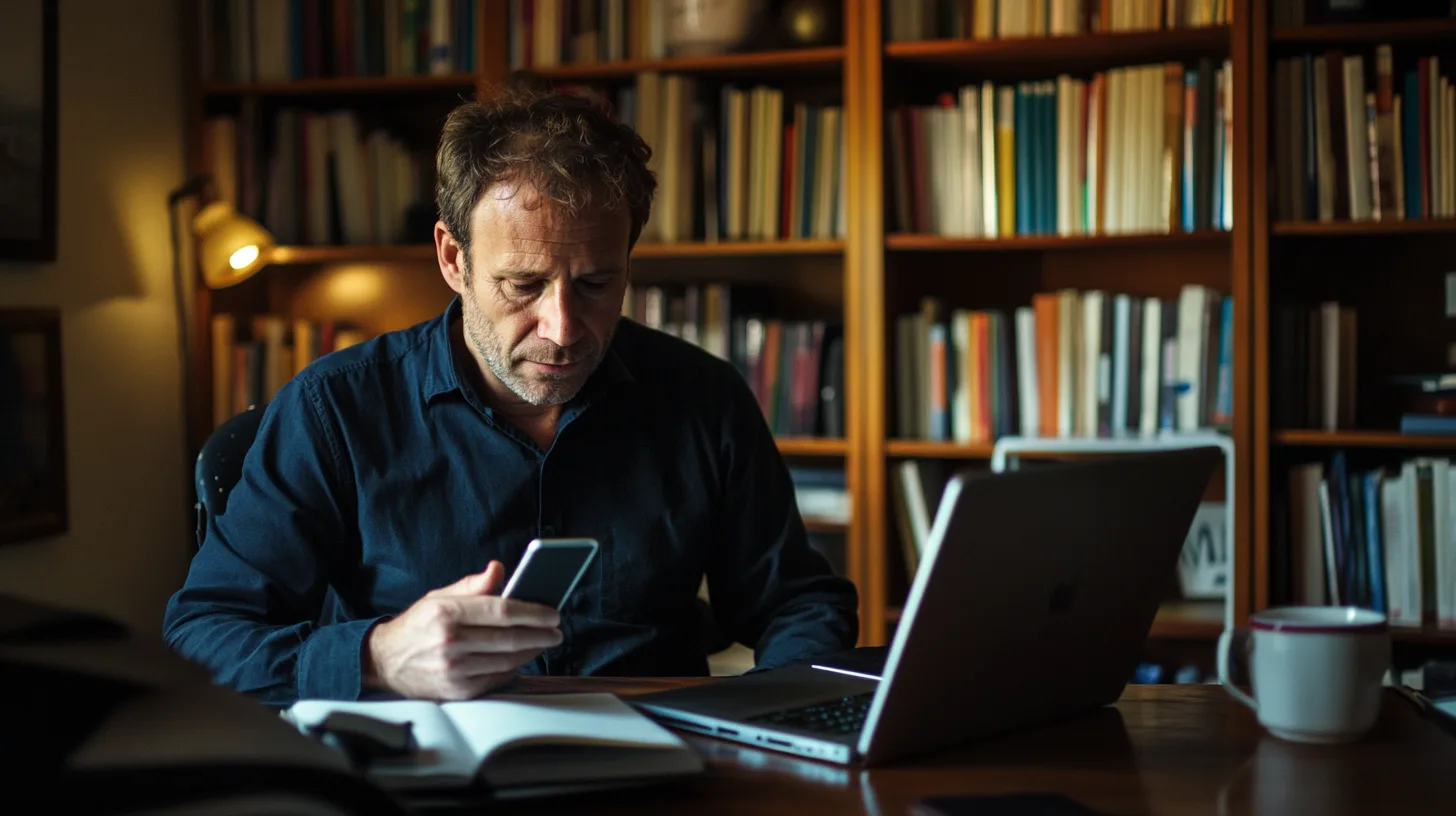 Midcent: En man sitter vid ett skrivbord med en telefon i handen, omgiven av böcker och en laptop, vilket indikerar en arbetsmiljö. Perfekt för dem som söker inspiration och produktivitetstips. Kategori: Ekonomi.
