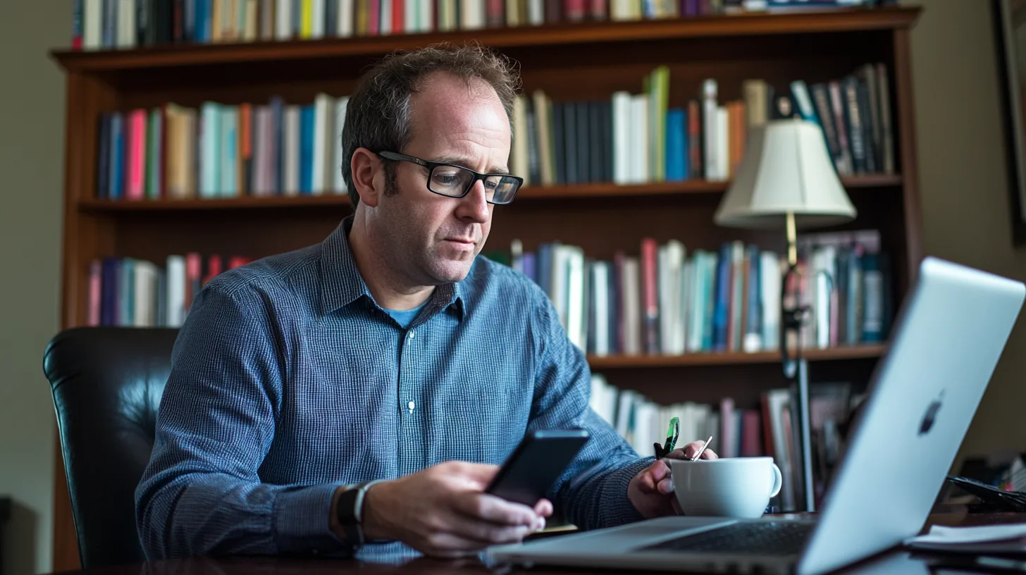 Midcent: En man arbetar fokuserat vid sin bärbara dator och smartphone, omgiven av böcker i ett hemtrevligt kontor. Han tar en kaffepaus medan han multitaskar. Perfekt för att illustrera digitalt arbete och produktivitet.Kategori: Ekonomi.