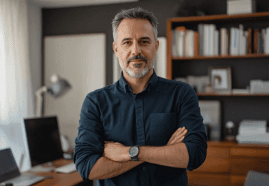 Midcent: Ett modernt kontor med en självsäker man i skjorta, omgiven av bokhyllor och teknik. Perfekt för att illustrera företagets professionalitet och framgångsanda. Kategori: Ekonomi.