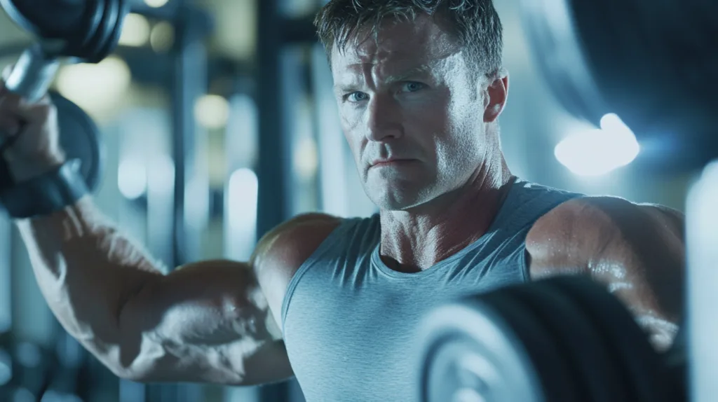 Midcent: Stark man tränar intensivt med hantlar i ett gym, visar beslutsamhet och fokus. Perfekt för dig som söker inspiration och motivation inom styrketräning och fitness. Kategori: Hälsa.