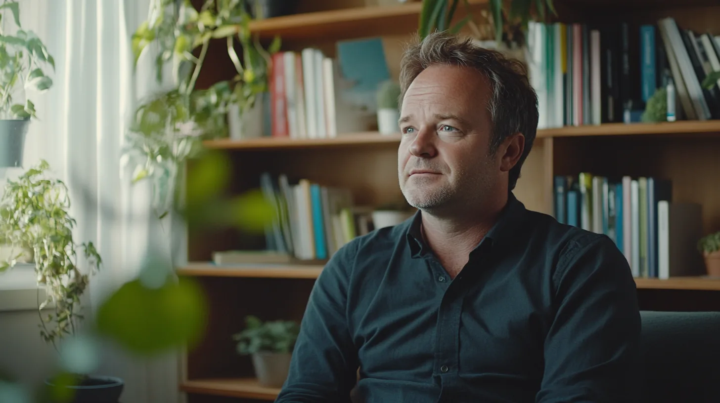 Bild av en man i ett hemtrevligt kontor med gröna växter och böcker. Han verkar reflekterande och avslappnad, omgiven av lugnande miljö. Perfekt för artiklar om arbetsmiljö och inredningstrender.Midcent - Samhälle.