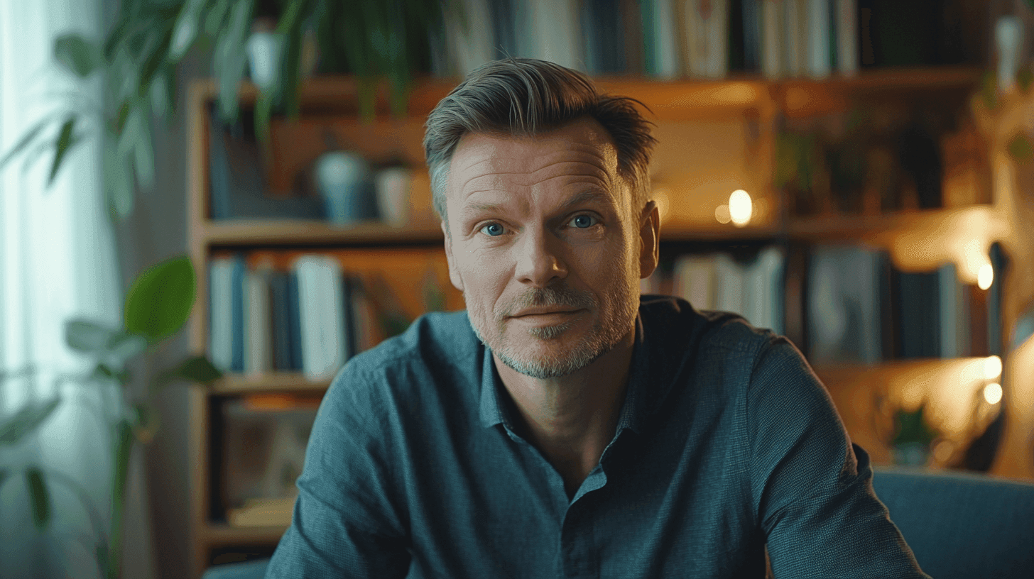 Stilren och harmonisk inredning i ett modernt hemkontor med en sofistikerad atmosfär. Grönska och bokhyllor skapar en inspirerande arbetsmiljö. Perfekt för dig som värderar både estetik och funktionalitet. Midcent - Hem & Inredning.