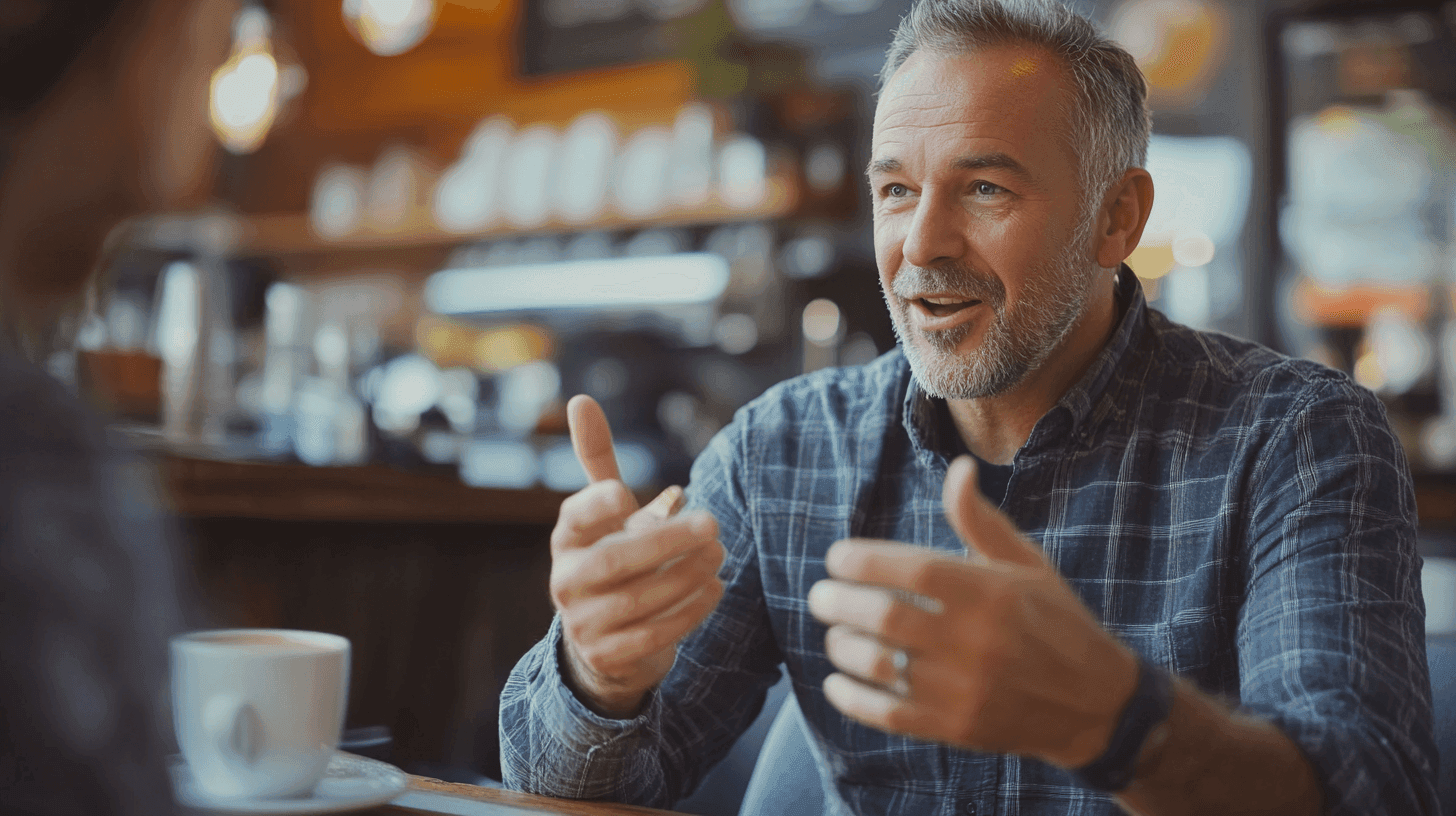 En man i flanellskjorta samtalar energiskt inne på ett mysigt kafé. På bordet står en kopp kaffe. Atmosfären är avslappnad och social. Midcent - Samhälle.