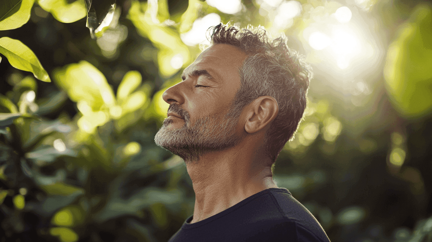 Midcent - Hälsa. Man njuter av lugn och avkoppling i naturen, omgiven av gröna löv och solens strålar. Bilden strålar av mindfulness och välbefinnande, idealisk för en stressfri livsstil i harmoni med omgivningen.