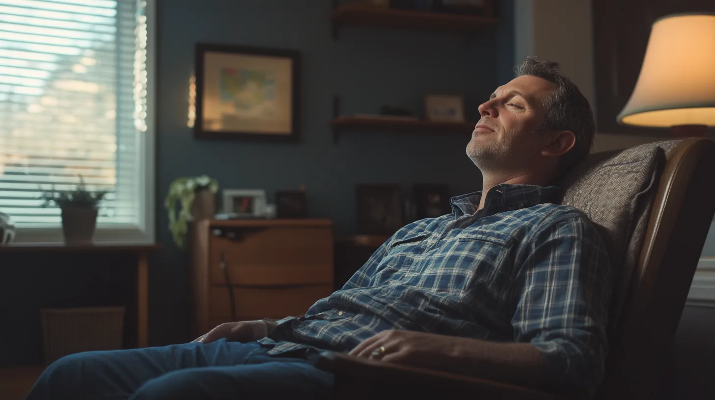 Midcent: En man njuter av lugnet i en bekväm stol, omgiven av hemtrevlig inredning och naturligt ljus från ett fönster. Kategorin speglar avkoppling och trivsel. Samhälle.