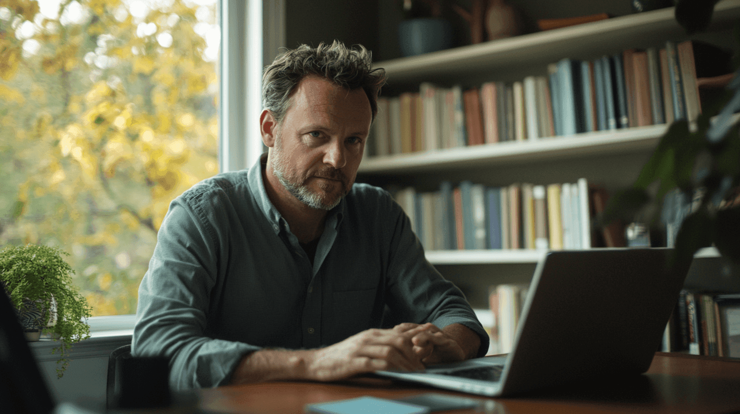 Kreativ arbetsmiljö med böcker, dator och fönsterutsikt för inspiration. Midcent erbjuder en idealisk plats för fokuserat arbete och kreativitet. Perfekt för den moderna digitala nomaden. Kategori: Teknik.