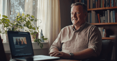 Man vid skrivbord arbetar med laptop omgiven av grönska, dagsljus strömmar in genom fönstret skapar en inspirerande hemmiljö. Digital blomstrande arbetsplats. SEO och digital marknadsföring centralt tema. Midcent, kategori: Ekonomi.