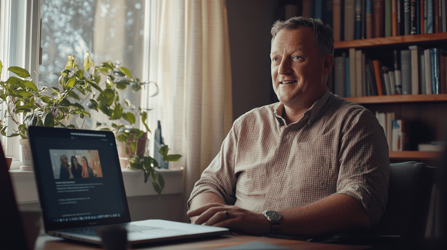 Man vid skrivbord arbetar med laptop omgiven av grönska, dagsljus strömmar in genom fönstret skapar en inspirerande hemmiljö. Digital blomstrande arbetsplats. SEO och digital marknadsföring centralt tema. Midcent, kategori: Ekonomi.