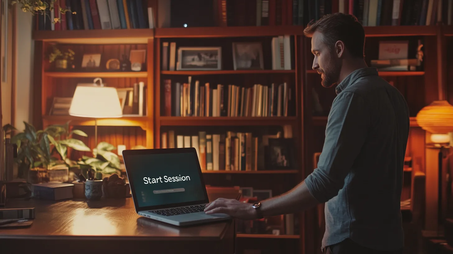 Midcent: En man i ett mysigt bibliotek startar en session på en laptop. Bilden fångar en stämningsfull atmosfär med böcker, lampor och grönska. Perfekt för teknikrelaterat innehåll. Kategori: Teknik.