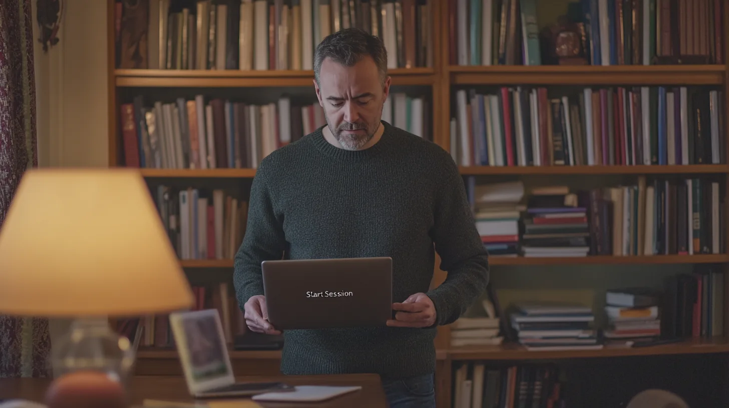 I bilden syns en man i ett bibliotek som står vid ett bord med sin laptop. Han verkar förbereda sig inför en online-session. Lugn atmosfär med hyllor fulla av böcker. Midcent. Teknik.