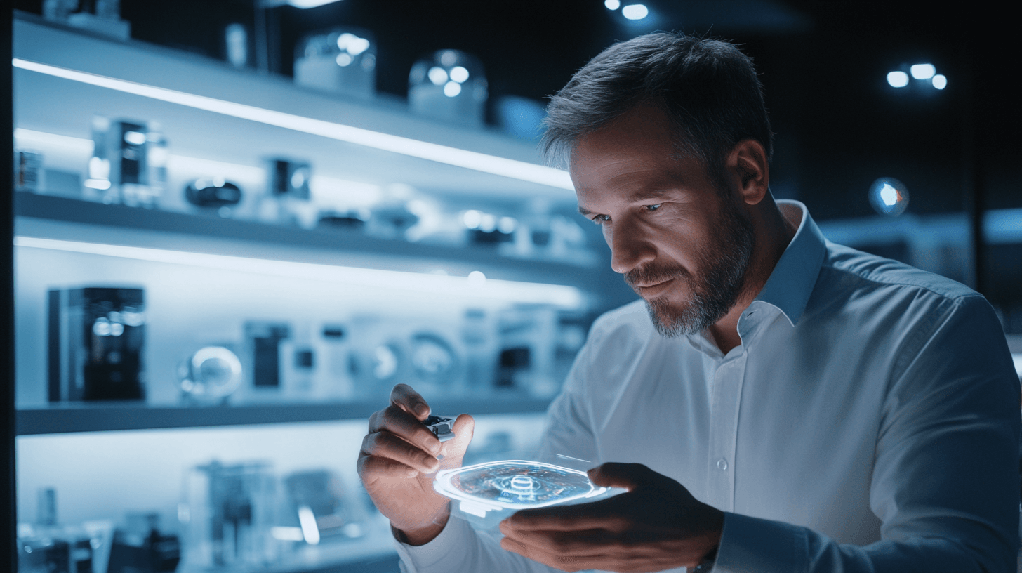 Midcent: En man i en futuristisk butikshybrid, omgiven av avancerad teknik. Han fokuserar på en holografisk display, vilket antyder innovation och modernitet. Perfekt bild för teknik och framtida trender. Kategori: Teknik.