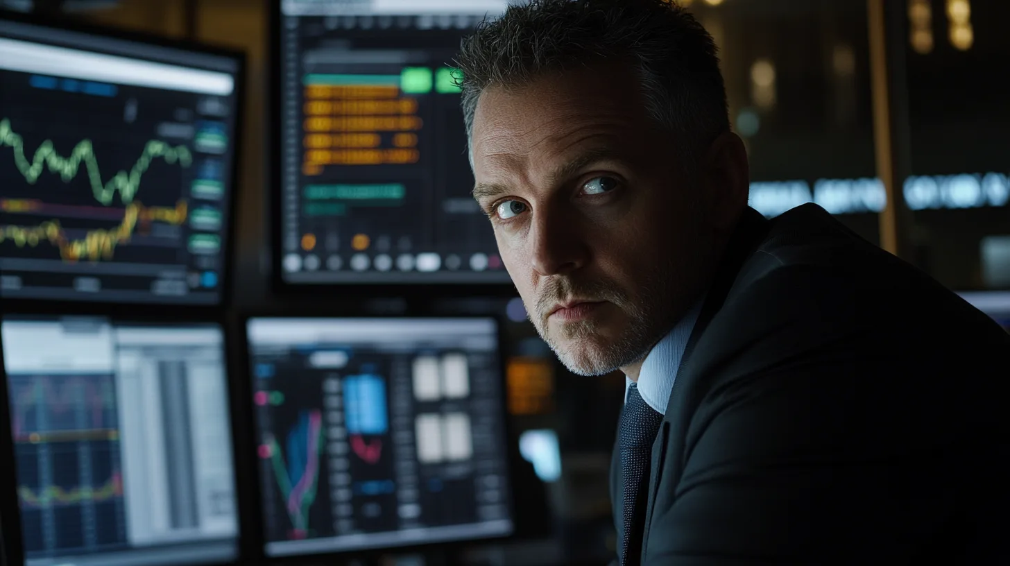 På bilden ser vi en man framför datorer med flera skärmar som visar finansiella grafer och data. Den professionella atmosfären antyder analys av aktiemarknaden. Midcent. Kategori: Ekonomi.