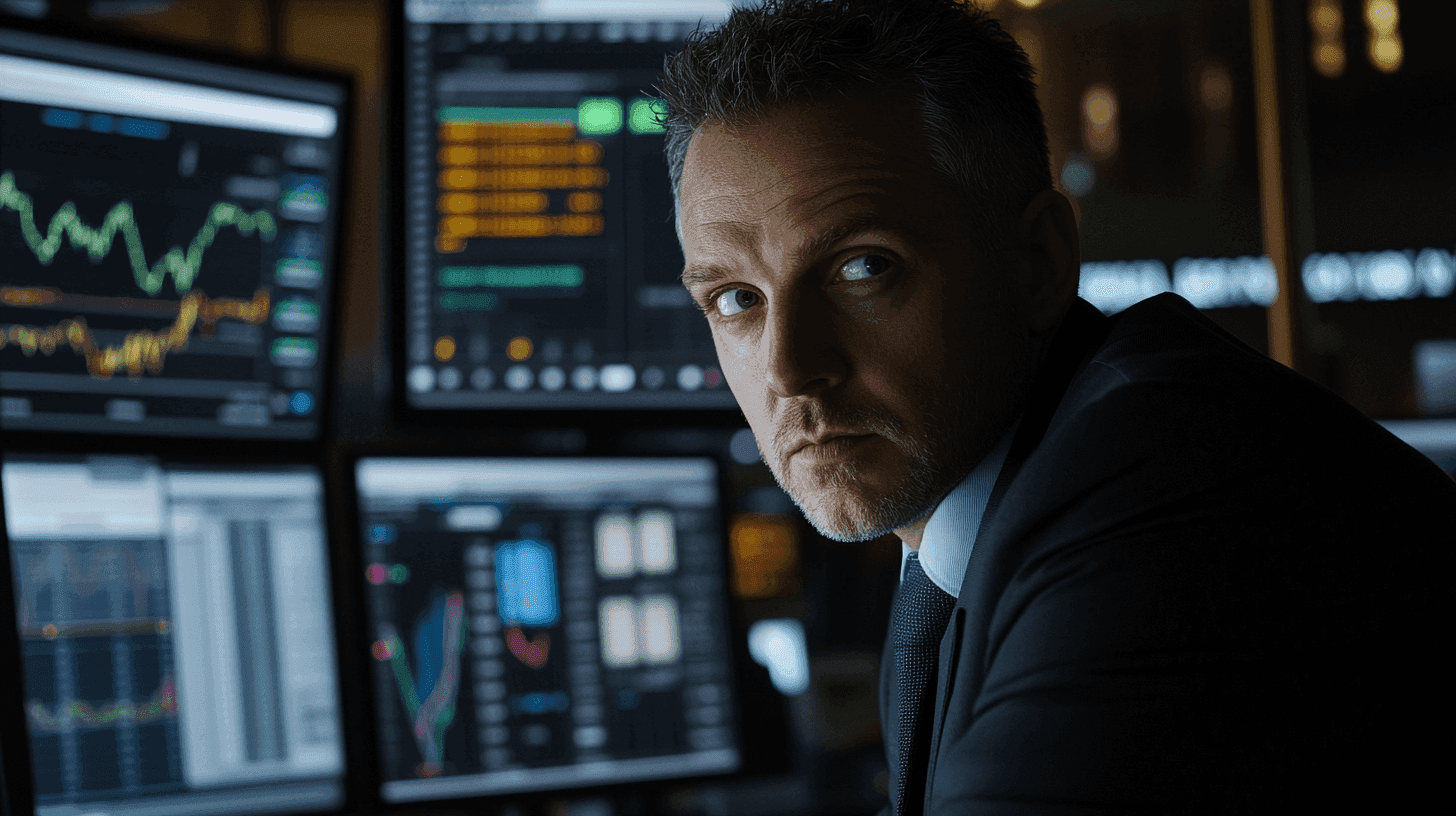 På bilden ser vi en man framför datorer med flera skärmar som visar finansiella grafer och data. Den professionella atmosfären antyder analys av aktiemarknaden. Midcent. Kategori: Ekonomi.