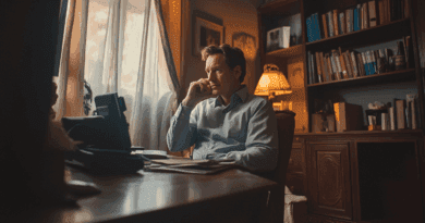 Midcent: En man i ett kontorsrum reflekterar över något viktigt. Omgiven av böcker och papper skapar miljön en känsla av koncentration och eftertänksamhet. Ljuset från fönstret skapar en atmosfär av lugn och fokus. Kategori: Samhälle.