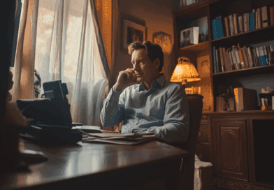 Midcent: En man i ett kontorsrum reflekterar över något viktigt. Omgiven av böcker och papper skapar miljön en känsla av koncentration och eftertänksamhet. Ljuset från fönstret skapar en atmosfär av lugn och fokus. Kategori: Samhälle.