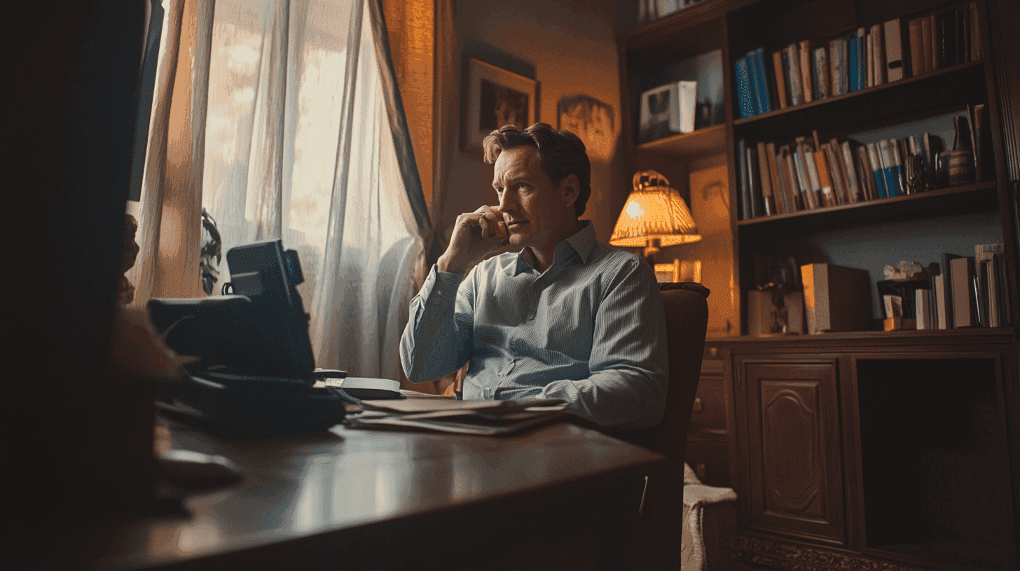 Midcent: En man i ett kontorsrum reflekterar över något viktigt. Omgiven av böcker och papper skapar miljön en känsla av koncentration och eftertänksamhet. Ljuset från fönstret skapar en atmosfär av lugn och fokus. Kategori: Samhälle.