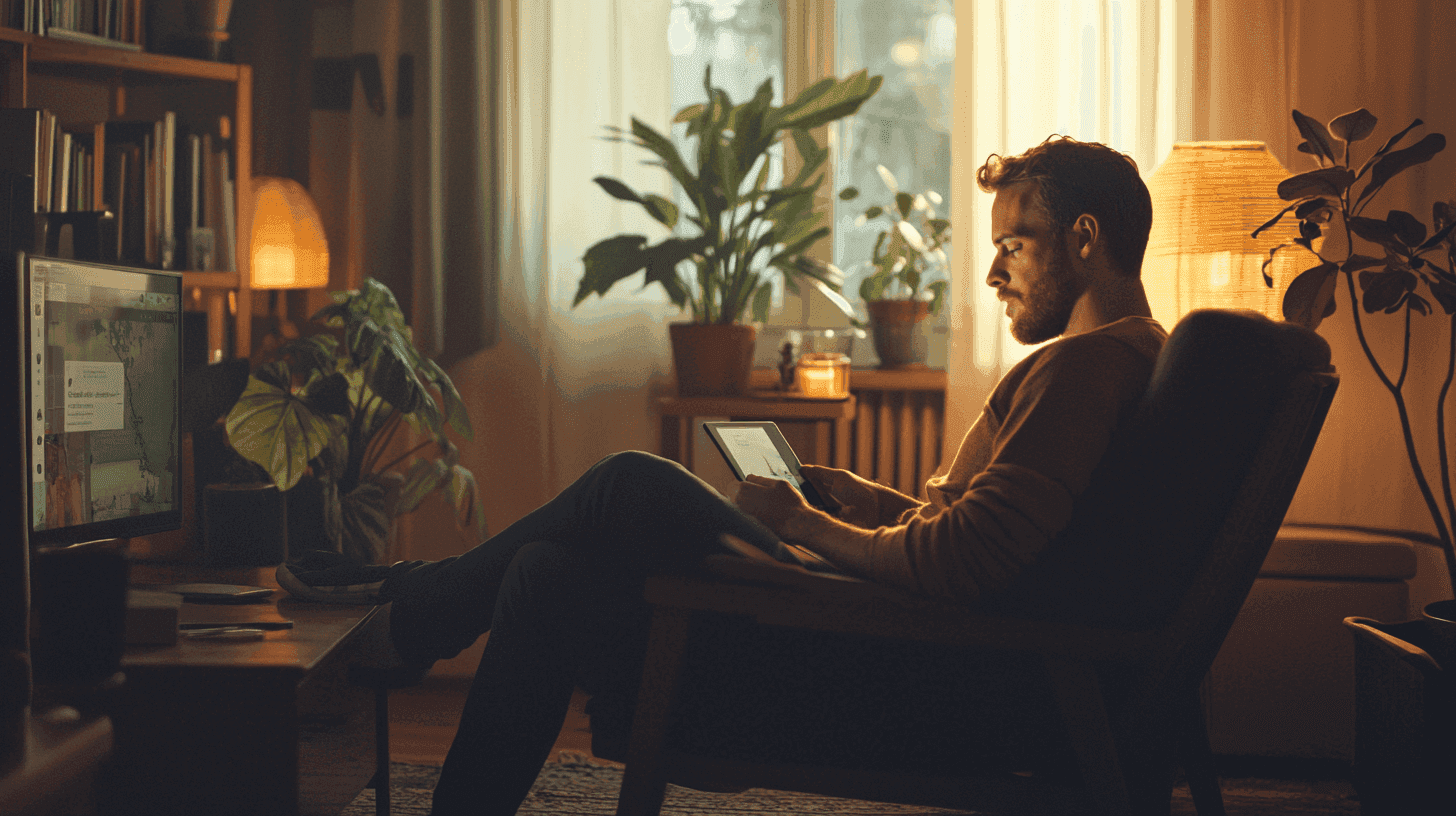 En man arbetar fokuserat hemifrån med en surfplatta i en mysig miljö med grönska och varm belysning. Perfekt för avslappnad produktivitet och inspiration. Upptäck digital livsstil och arbetsro.Midcent. Teknik.