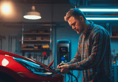 Midcent: En man laddar en röd elbil i ett modernt garage, omgiven av verktyg och utrustning. Ljuset är varmt och fokuserar på bilens front. Teknik.