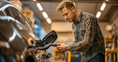 Midcent: En man laddar en elbil i ett modernt garage, klädd i rutig skjorta. Fokus på hållbar energi och teknik för framtidens transportlösningar. Teknik.