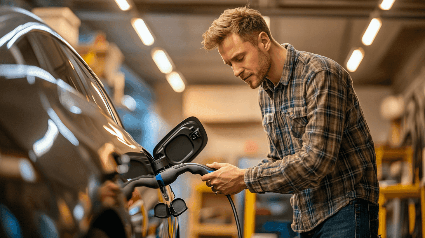 Midcent: En man laddar en elbil i ett modernt garage, klädd i rutig skjorta. Fokus på hållbar energi och teknik för framtidens transportlösningar. Teknik.