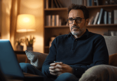 Midcent presenterar en eftertänksam individ framför en laptop i en mysigt inredd miljö, omgiven av böcker och varm belysning, vilket skapar en lugn och reflekterande atmosfär. Kategori: Samhälle.