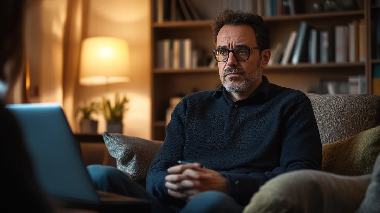 Midcent presenterar en eftertänksam individ framför en laptop i en mysigt inredd miljö, omgiven av böcker och varm belysning, vilket skapar en lugn och reflekterande atmosfär. Kategori: Samhälle.