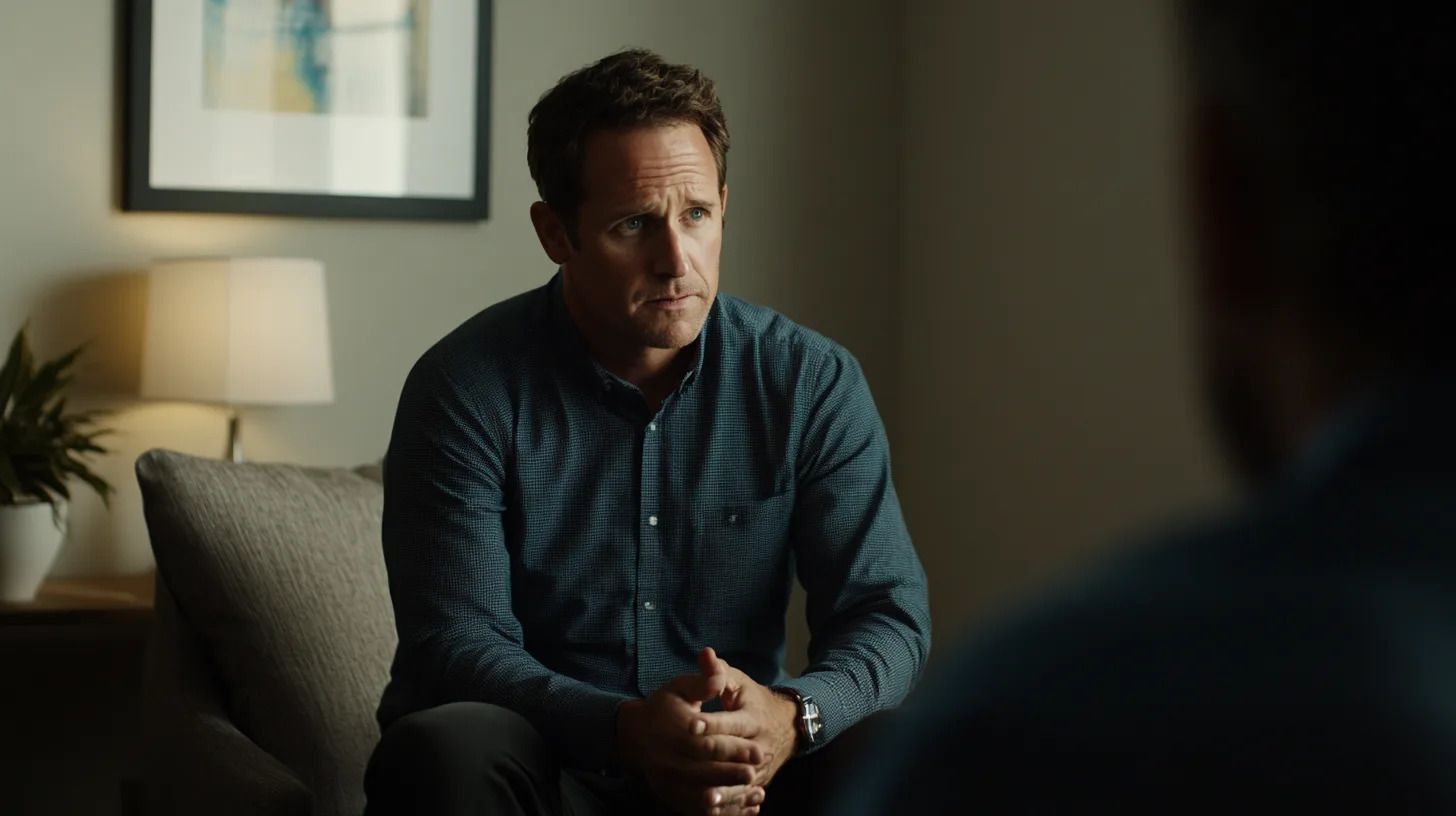 Midcent - En man i djup eftertanke i ett modernt vardagsrum, vilket framhäver reflektion och personlig utveckling. Skapa en lugn och professionell atmosfär med hemtrevlig inredning som kompletterar bilden av samtal och introspektion. Kategori: Samhälle.