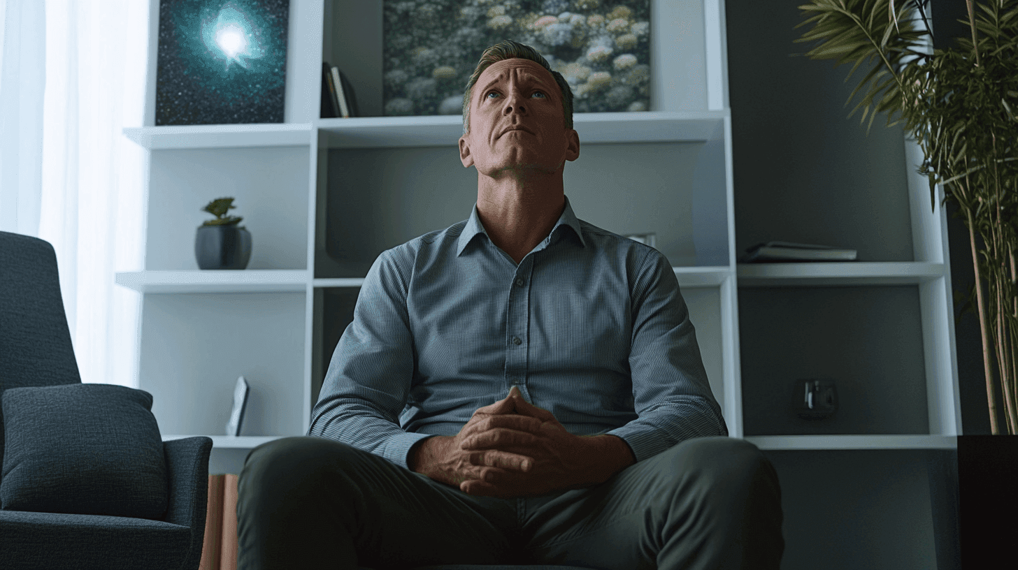 Man i ett modernt rum sitter tankfullt med böcker och växter i bakgrunden, skapar en atmosfär av professionalism och introspektion. Midcent. Kategori: Samhälle.