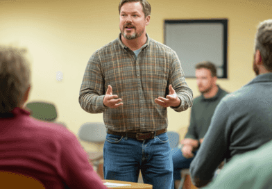 På bilden syns en gruppdiskussion där en man står och talar engagerat inför åhörare. Fokus ligger på kommunikation och delaktighet. Miljön ger en känsla av professionalism och samarbete.Midcent: Samhälle.