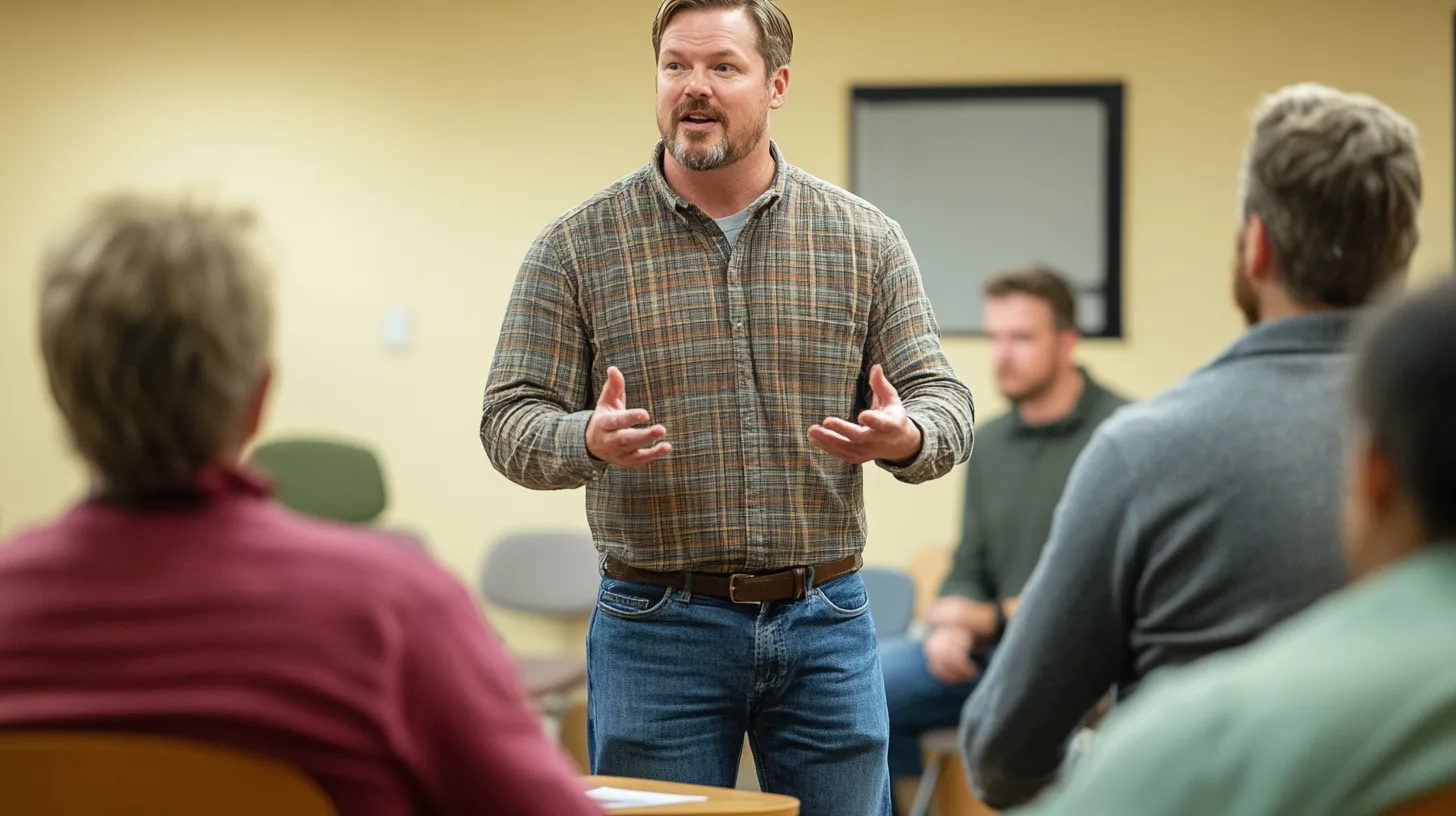 På bilden syns en gruppdiskussion där en man står och talar engagerat inför åhörare. Fokus ligger på kommunikation och delaktighet. Miljön ger en känsla av professionalism och samarbete.Midcent: Samhälle.