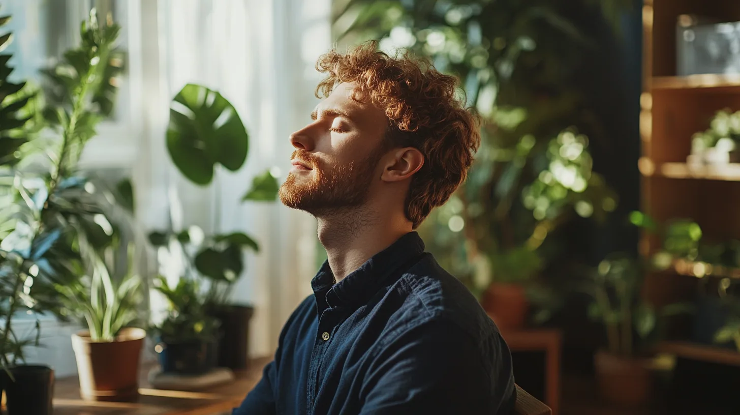 Midcent: Man i avslappnad meditation omgiven av grönska och naturligt ljus. Perfekt för att lyfta fram fördelarna med inomhusväxter och mindfulness i det moderna livet. Kategori: Hälsa.