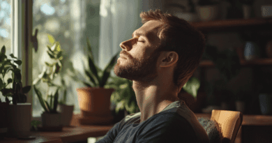 Midcent: En man njuter av lugn och ro i sitt hem omgiven av krukväxter med naturligt ljus. Bilden förmedlar en känsla av mindfulness och avkoppling i en harmonisk miljö. Kategori: Hälsa.