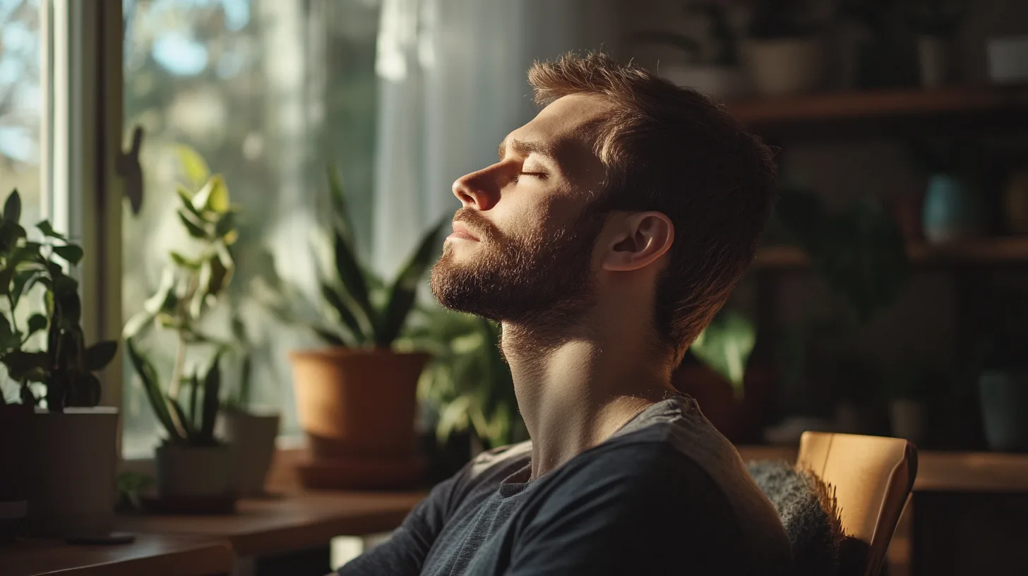 Midcent: En man njuter av lugn och ro i sitt hem omgiven av krukväxter med naturligt ljus. Bilden förmedlar en känsla av mindfulness och avkoppling i en harmonisk miljö. Kategori: Hälsa.