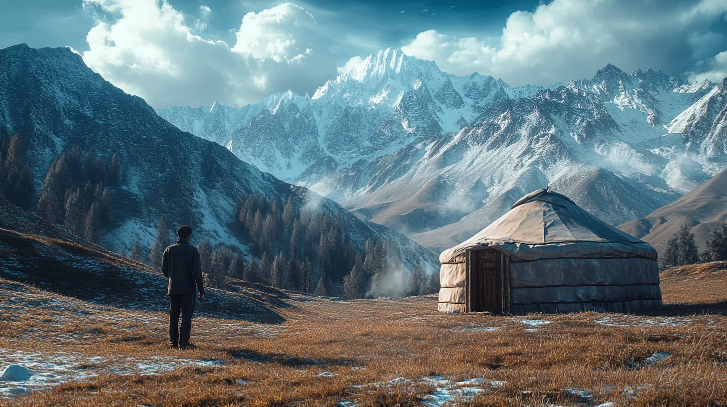 Midcent presenterar en storslagen landskapsbild med en traditionell yurt i förgrunden och majestätiska, snöklädda berg i bakgrunden. Scenen förkroppsligar naturens skönhet och avskildhet i nomadiska miljöer. Kategori: Resa.