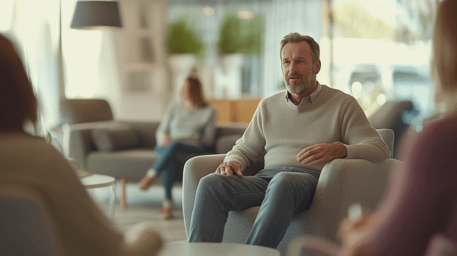 Mannen i fokuset deltar i en gruppkonversation i en modern, välkomnande miljö. Bilden visar betoning på samtalsutbyten och mellanpersonliga relationer. Ett lugnt utrymme med avslappnad atmosfär. Midcent - Samhälle.