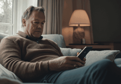 En man sitter bekvämt i en soffa och tittar koncentrerat på sin smartphone. Den varma belysningen och inomhusmiljön skapar en avkopplande atmosfär. Nyckelord: avkoppling, smartphone, inomhus, koncentration. Midcent - Underhållning.