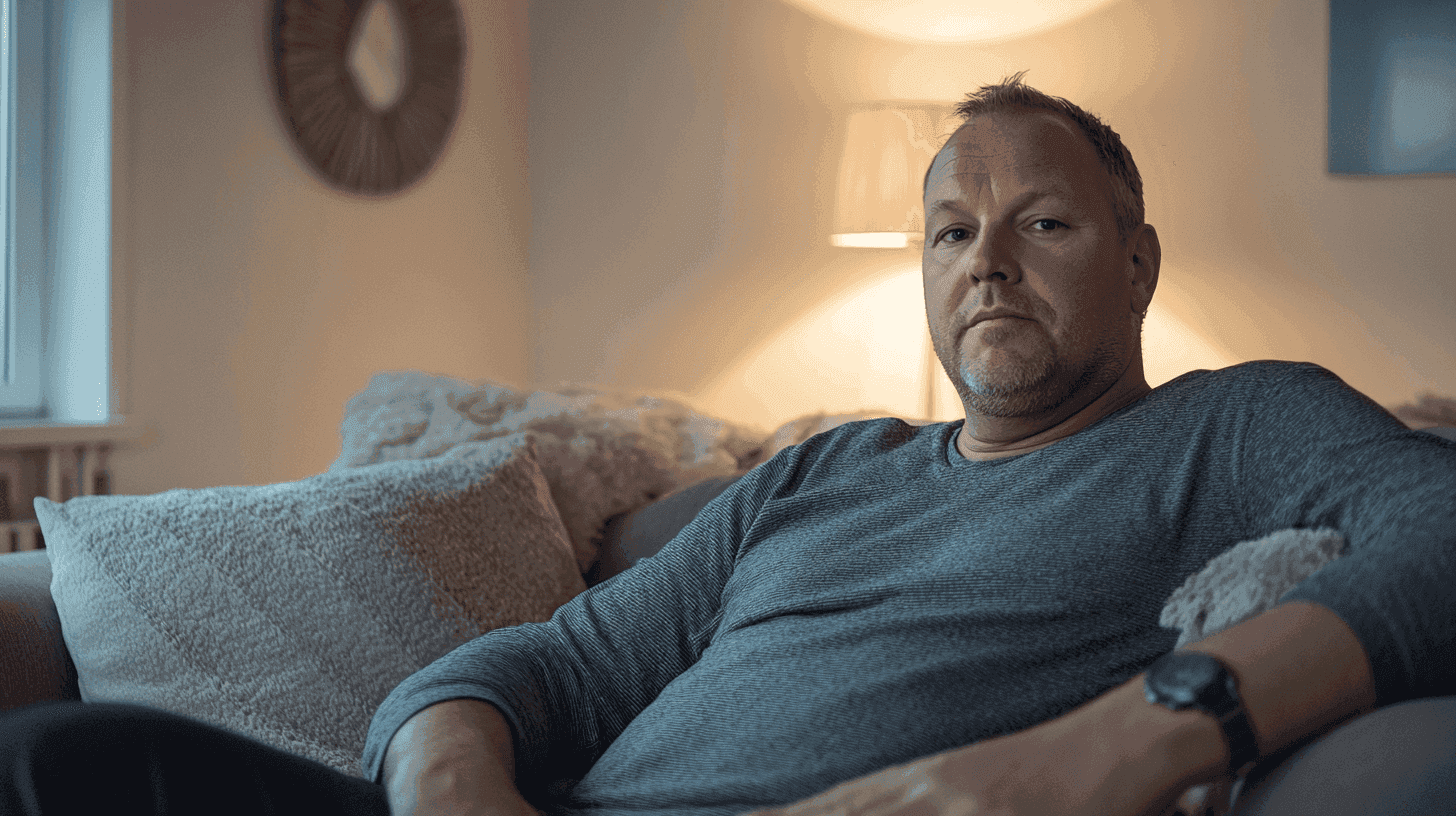 Bekväm atmosfär i ett modernt vardagsrum med mjuka texturer. En man sitter avslappnat på soffan med avslappnad belysning. Perfekt för en lugn kväll hemma. Midcent - Samhälle.