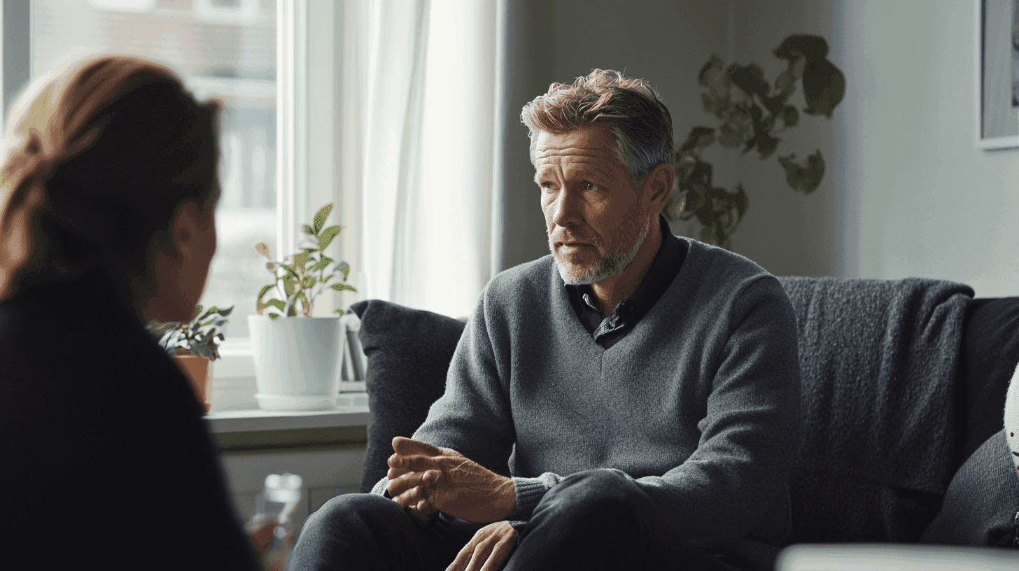 Midcent: Två personer samtalar engagerat i en hemtrevlig miljö. Växter ger liv åt rummet, och naturligt ljus flödar in genom fönstret. Harmonisk och vänlig atmosfär förstärker interaktionens betydelse. Kategori: Samhälle.