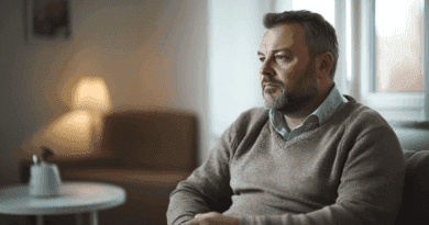 På bilden syns en man i en vardagsrumsmiljö, sittande på en soffa vid ett bord med mysbelysning i bakgrunden. Mannen ser tankfull ut. Midcent. Kategori: Samhälle.