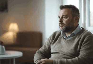 På bilden syns en man i en vardagsrumsmiljö, sittande på en soffa vid ett bord med mysbelysning i bakgrunden. Mannen ser tankfull ut. Midcent. Kategori: Samhälle.